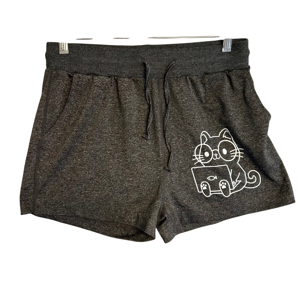 Women's Large Shorts Lounge Soft Cute Comfy Grey Cat Computer Glasses